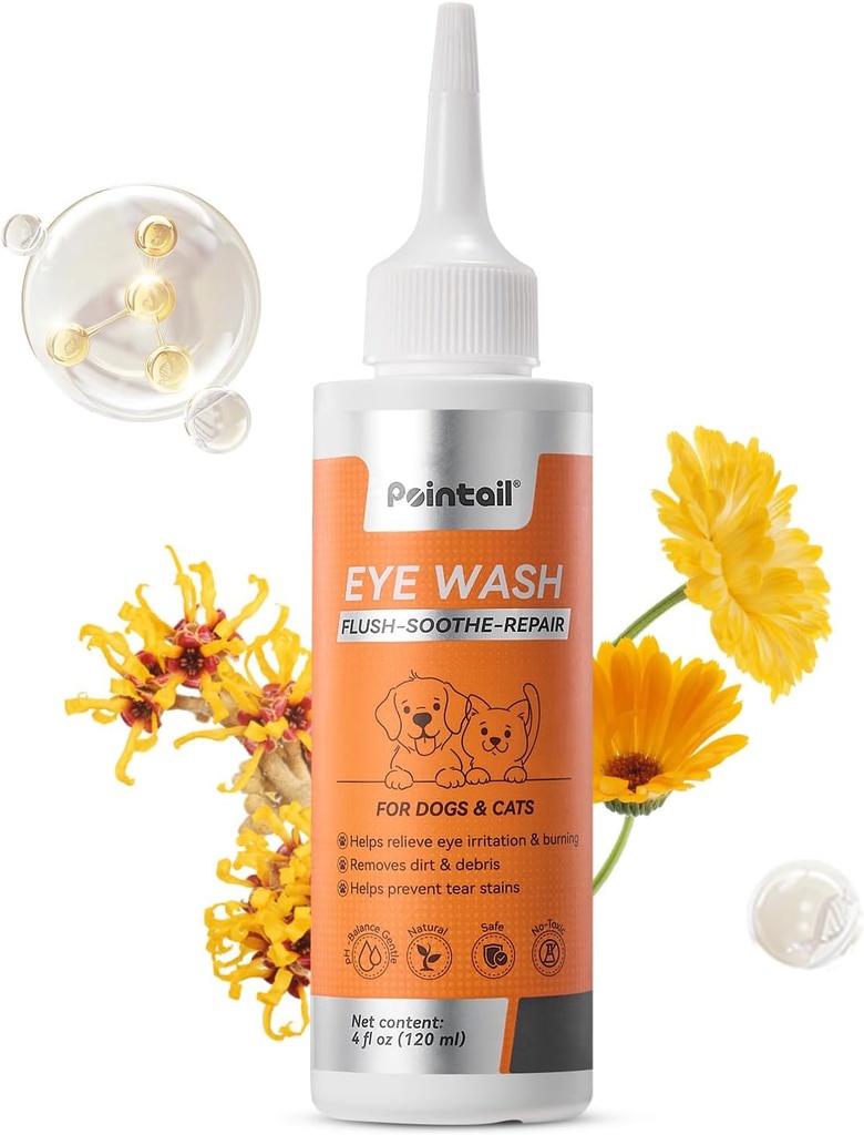 Drops pour les yeux des chiens, traitement des infections oculaires pour les chiens et les chats, lavage des yeux, soulagement de l'irritation, prévenir les étamines, gouttes de rinçage, nettoyant pour les yeux pour éliminer les débris, formule douce, 4 oz