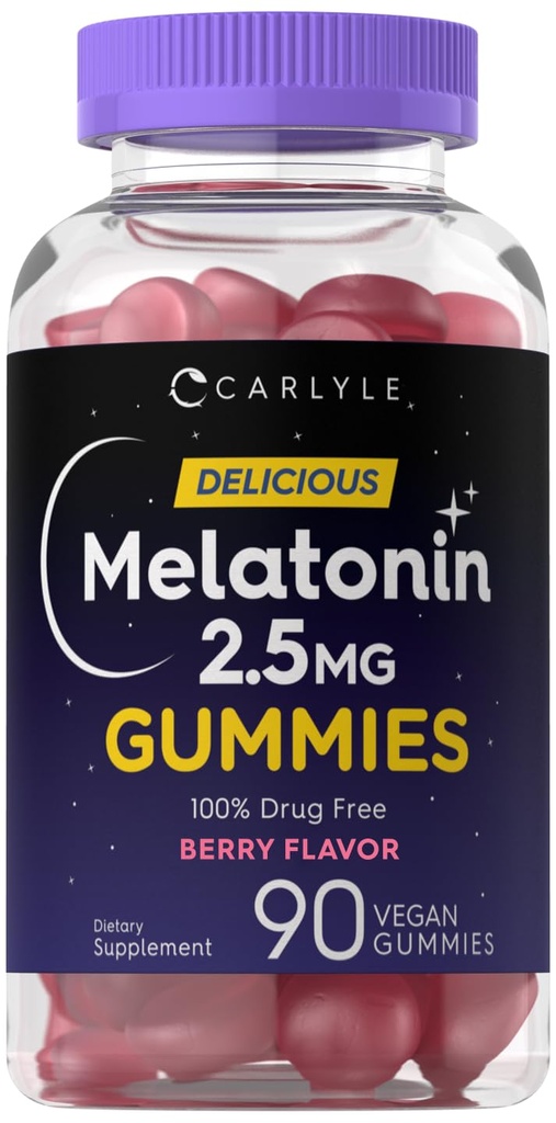 Carlyle Melatonin 2,5 mg Gummies (90 mg) Comte (90 mg) Supplément Gummy de Berry Flavor Végétalien, non OGM, sans gluten
