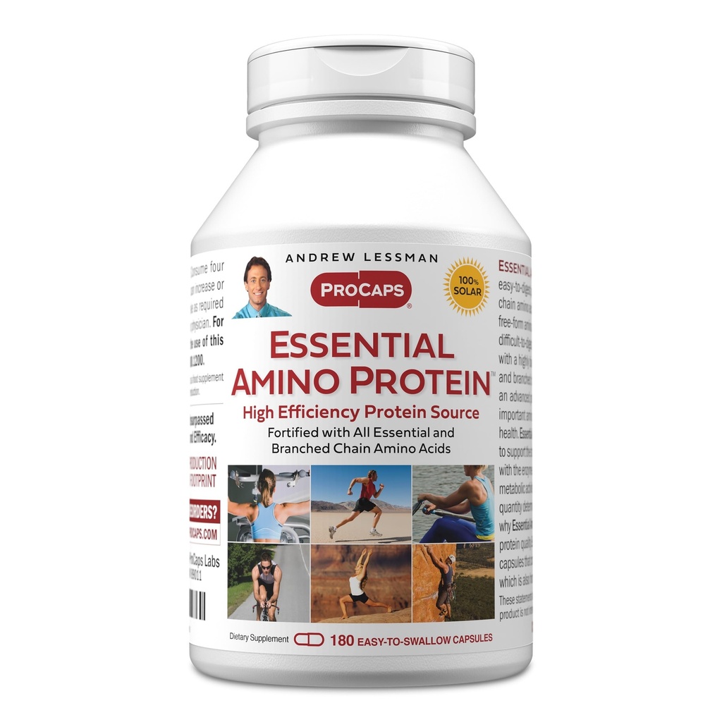 ANDREW LESSMAN Essential Amino Protein 180 Capsules - Source de protéines hautement biodisponibles avec acides aminés essentiels et ramifiés. Soutient la structure et la fonction des organes clés et des tissus.