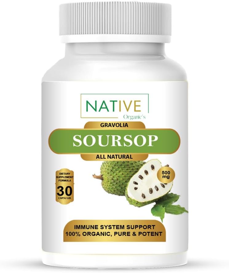 Capsule di Graviola di Soursop di Organico Nativo - Crescita sana delle cellule e salute immunitaria - Antiossidanti essenziali e minerali - Foglie, Estratto di Frutta e Semi - 30 capsule vegane (500 mg)