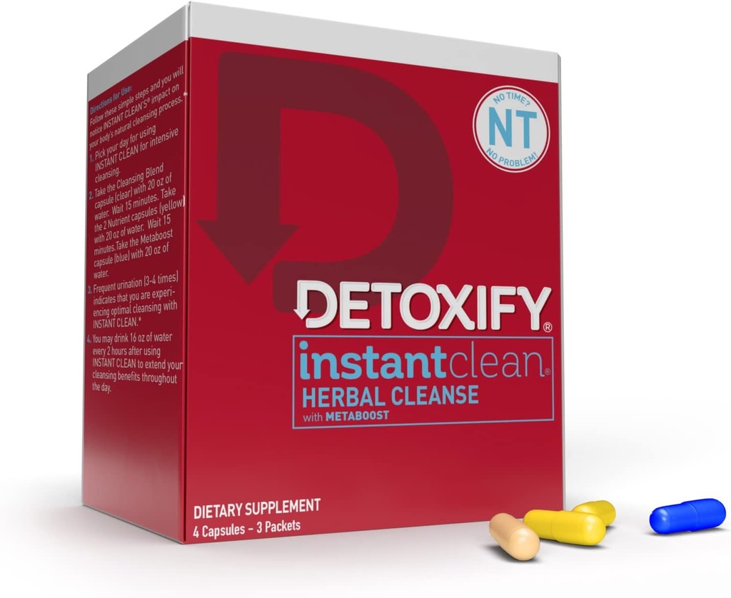 Detoxify – Instant Clean – 4 Kapseln – Professionelle geformte pflanzliche Detox Kapseln – Verbessert mit Metaboost, Milchdistelextrakt, Uva Ursi & Ginseng Extrakt - Plus Aufkleber