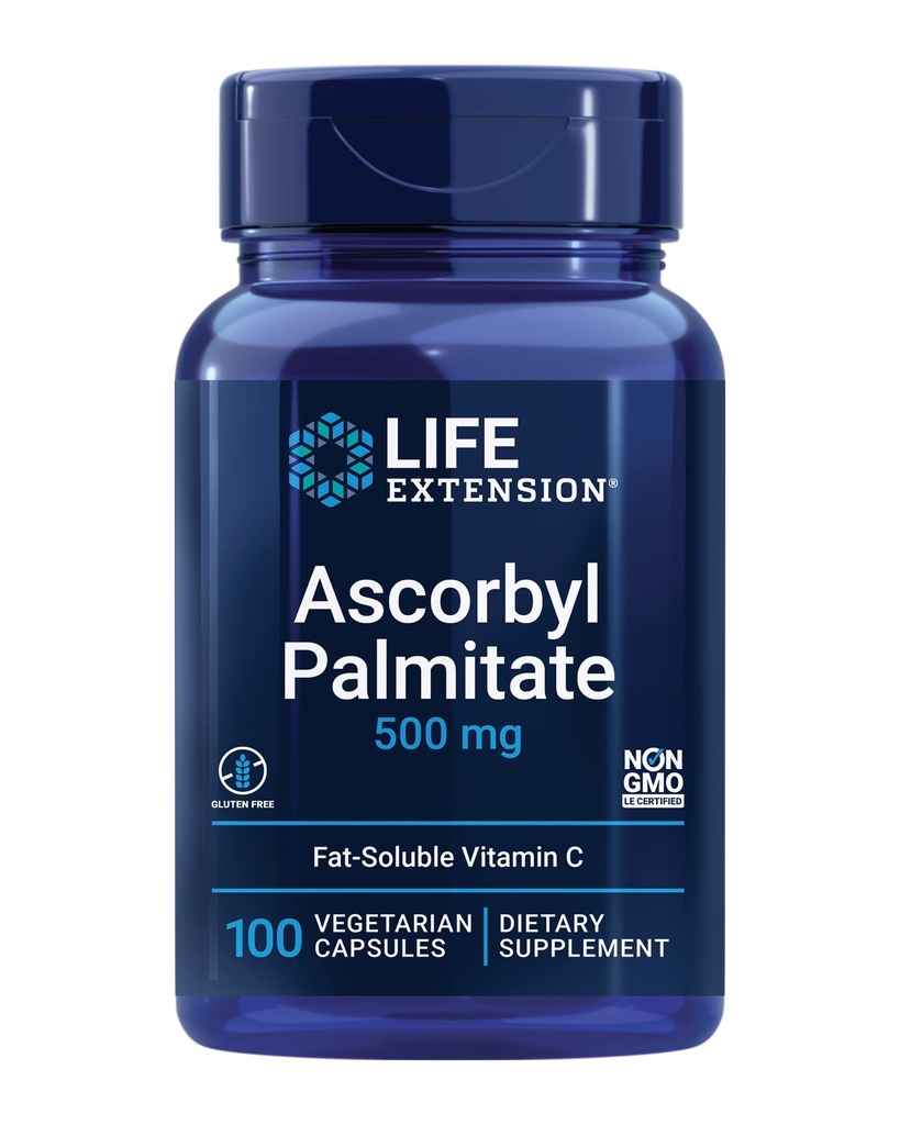 Allongement de la durée de vie Palmitate d'Ascorbyl 500mg – supplément de vitamine C soluble dans le gras pour le soutien immunitaire et la longévité – sans gluten soluble dans l'eau, sans OGM, végétarien – 100 capsules