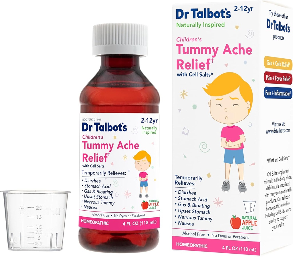 Dr. Talbots Kinder-Tummy Ache Relief Medizin - 4 Unze - Inklusive Dosierung Cup - für 2-12 Jahre alt - Natürliche Apfel Geschmack (Verpackungsvarianten)