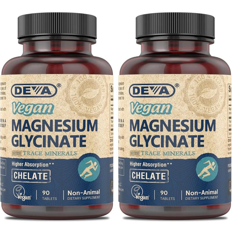 DEVA Magnésium végétalien Glycinate 300mg par portion avec Trace Minerals, Absorption plus élevée, Magnésium chélaté, 90 comprimés (paquet de 2)