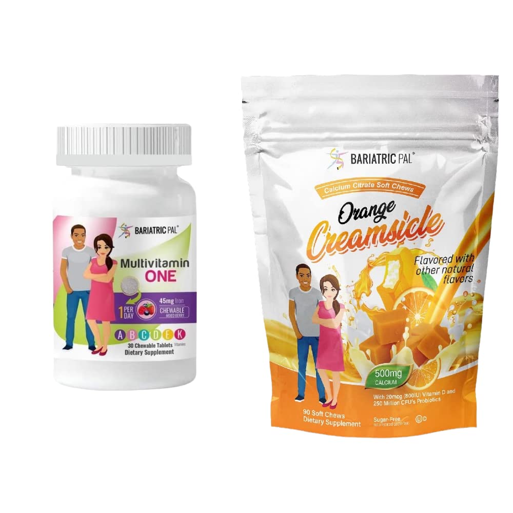 BariatricPal 30-Day Bariatric Vitamin Bundle (Multivitamin ONE 1 al giorno! Masticabile con ferro da 45 mg - Bacca mista e citrato di calcio Cuciture morbide 500mg con Probiotici - Crema Arancione)