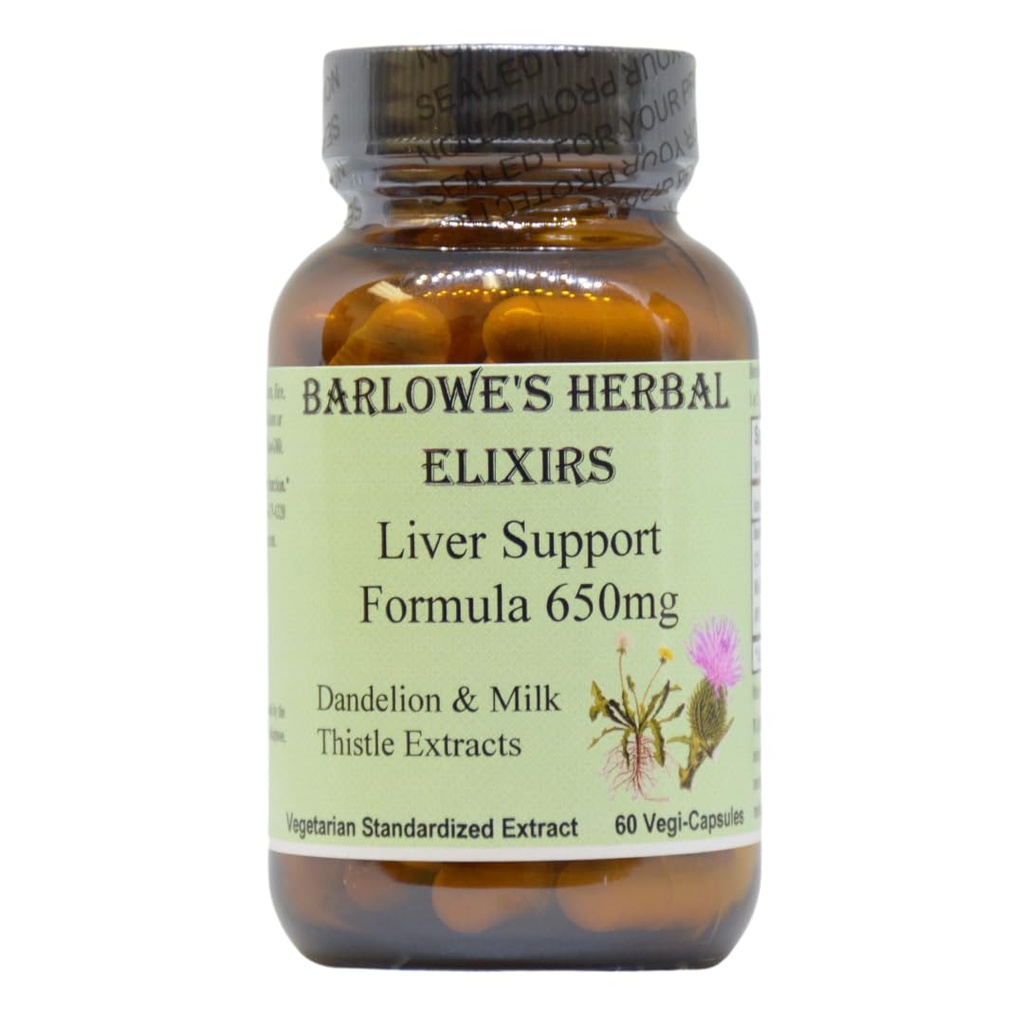 Elixirs à base de plantes de Barlowe Formule de soutien du foie Dandelion Racine et extrait de chardon de lait 650mg par capsule 60 Capsules de végétaliens, sans stéarate, en bouteille de verre