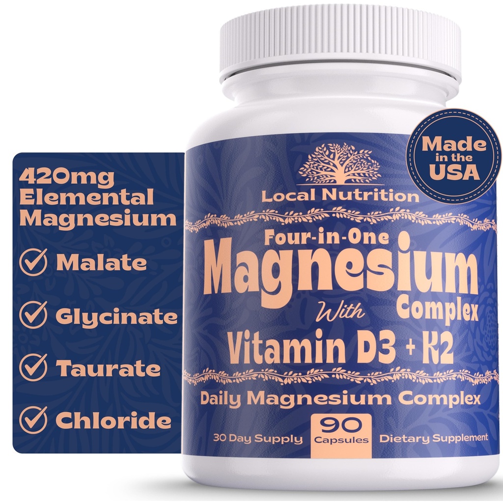 4-en-1 Complexe de magnésium 420mg avec vitamine D3 K2 - Supplément de magnésium Premium avec le malate de magnésium, le bisglycinate (glycinate), le taurate et le chlorure - 90 Capsules fabriqués aux États-Unis