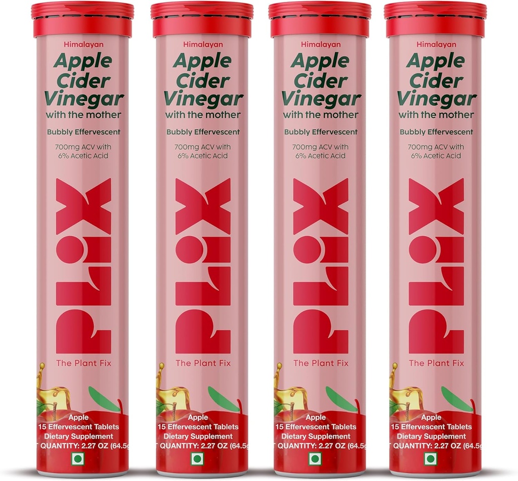 PLIX Aceto di sidro di mele Tabelle effervescenti con la madre, 700mg ACV con VIT B12, B6, Confezione da 4 | Vegan, Non Aggiunto Zucchero, Non OGM & Gluten-Free