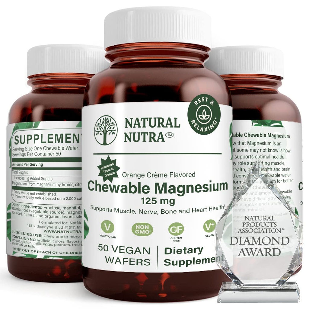 Supplément naturel de magnésium à croquer Nutra avec citrate et chélate pour les enfants et les adultes, favorise un meilleur sommeil, meilleur chétif de Mag pur pour les muscles, Nerve, os et santé cardiaque, 125mg, 50 Wafers végétaliens
