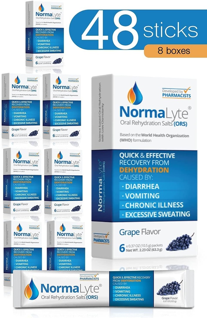 NormaLyte Oral Rehydration Salts-48 Sticks Packs (Yields 500mL pro Pack)-Grapes| Energy Supplements, Kalium Supplement, Dehydration Recovery und schnelle Absorption