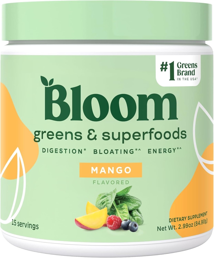 Bloom Nutrition Superfood Greens Powder, Verdauungsenzyme w/Probiotics & Prebiotics, Gut Health, Bloating Relief für Frauen, Chlorella, 15 SVG (15 Servierungen (Pack von 1), Mango)