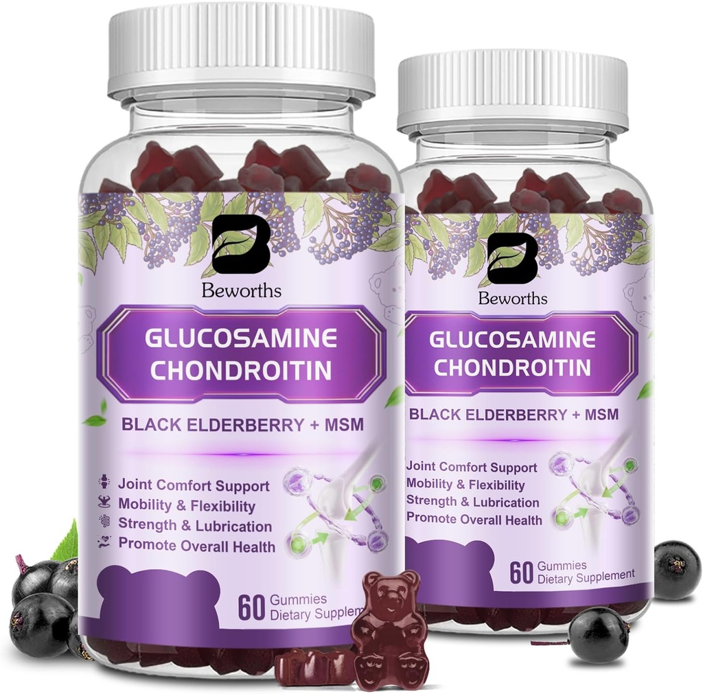 (2 Pack) Glucosamine Chondroitin Gummies, Extra Strength Joint Support Supplement with MSM & Elderberry for Mobility & Flexibility, Antiossidant Support for Men & Women, 120 Gummies