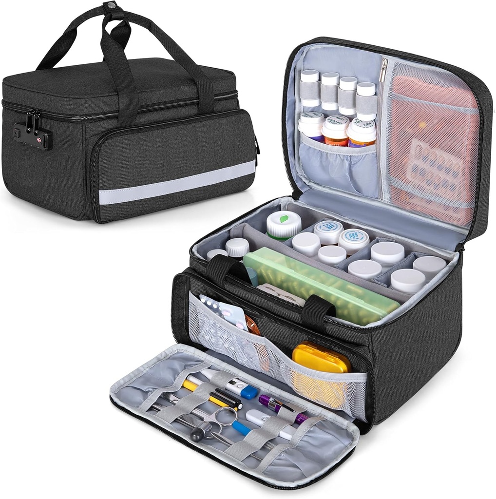 CURMIO Pill Bottle Organizer Aufbewahrung, Medication Lock Box für Pill Organizer und medizinische Versorgung, Schwarz (gemaltes Design)