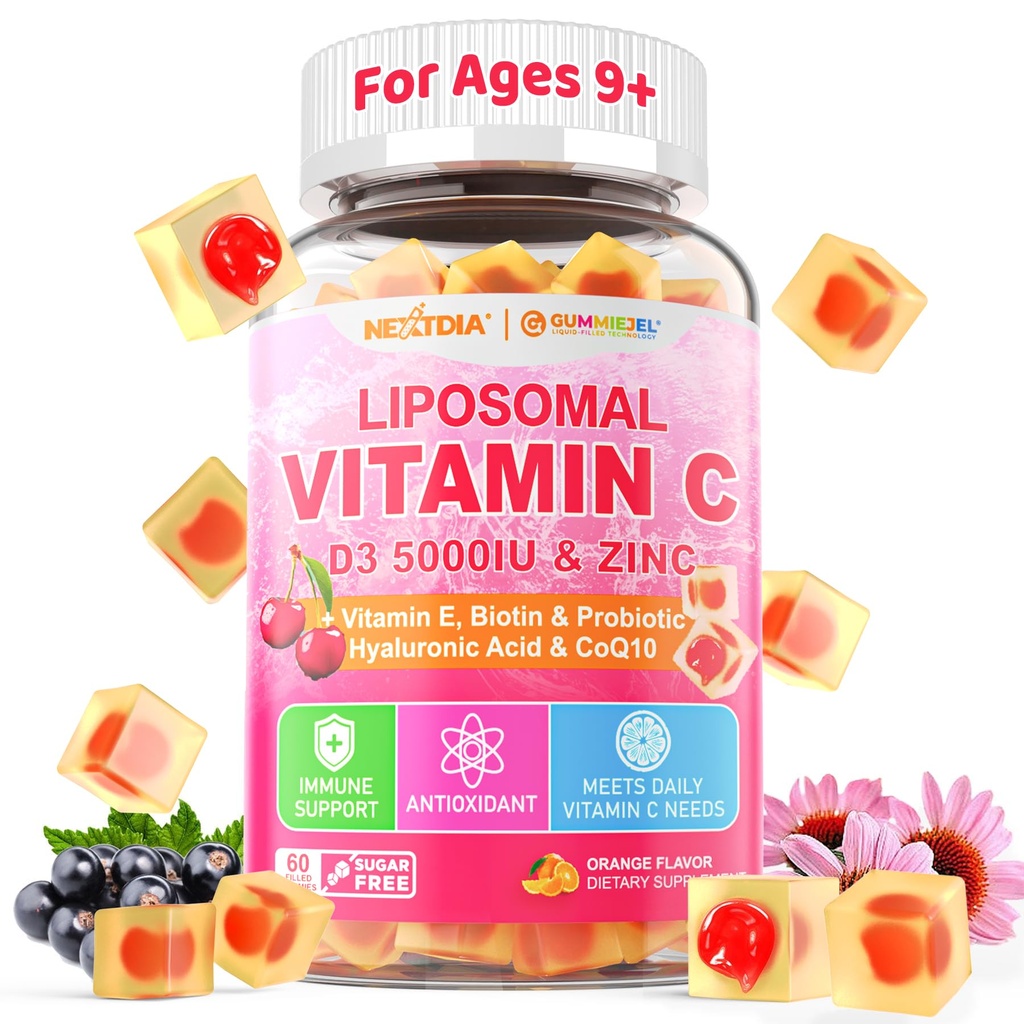 Vitamine liposomique C 1000mg + D3 5000IU + Gommies remplies de zinc, Supplément à croquer de 800mcg, Acide hyaluronique, VE, pour la beauté, l'énergie et la santé globale, sans sucre, naturel