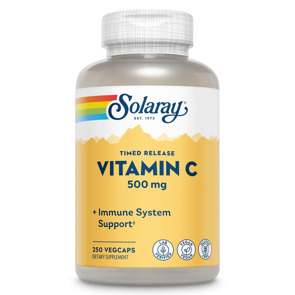 SOLARAY Vitamine C 500mg, libération en deux temps - Supplément antioxydant et immunosupport - Vitamine C avec rose HIPS et Acerola, végétalien, sans gluten, garantie de 60 jours, 250 portions, 250 VegCaps