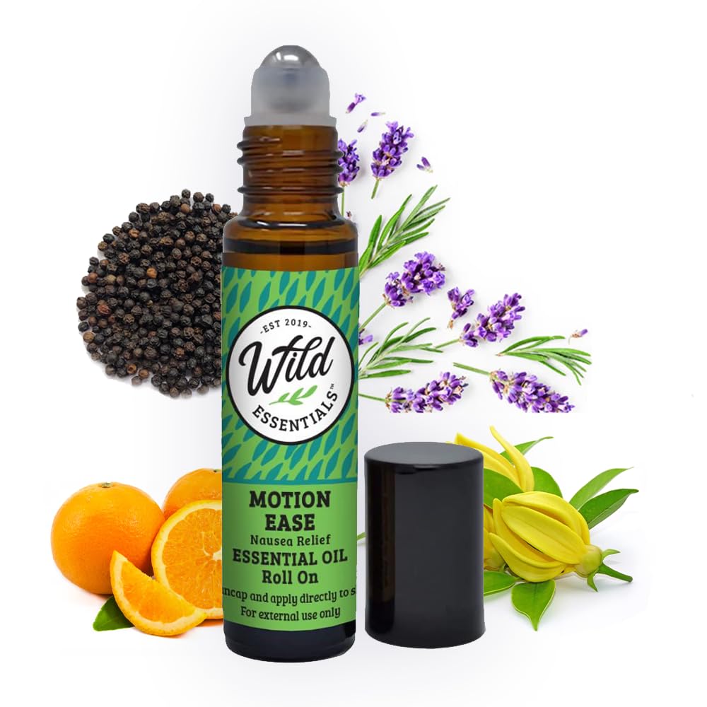 Wild Essentials Bewegung Ease ätherische Ölrolle auf, 10ml Bewegung Krankheit, Übelkeit, Upset Stomach, Vertigo, Dizzy, Seasick, Carsick, Made with Organic Jojoba Oil, Ready to Use, Moisturizer, All Natural