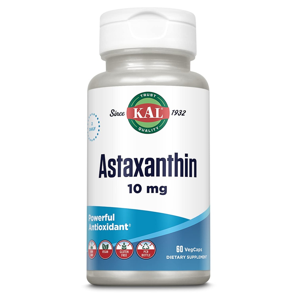 KAL Astaxanthine 10mg, supplément puissant antioxydants, supplément pour la santé des yeux et le cerveau, de source végétale naturelle, non-OGM, végétalien, sans gluten, 30 portions, 60 VegCaps