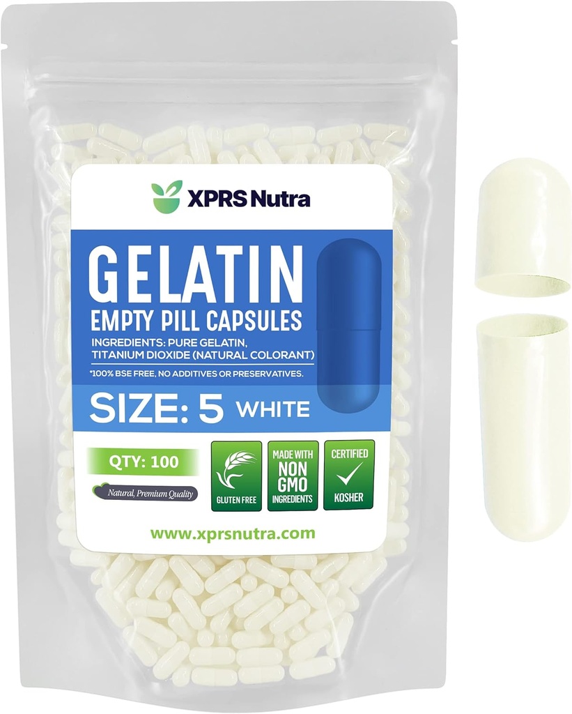 XPRS Nutra Size 5 Empty Capsules - 100 Count Very Small Empty Gelatin Capsules - Pills DIY Capsule Filling - Fillable Pill Gel Caps for Do-It-Yourself Vitamin Supplements (White)