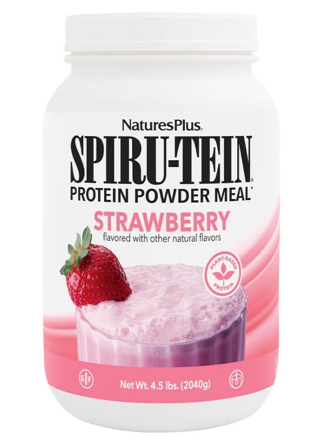 NaturesPlus SPIRU-TEIN, Erdbeere - 4.5 lbs - Pflanzenbasierter Proteinshake - Non-GMO, Vegetarisch, Glutenfrei - 60 Servietten
