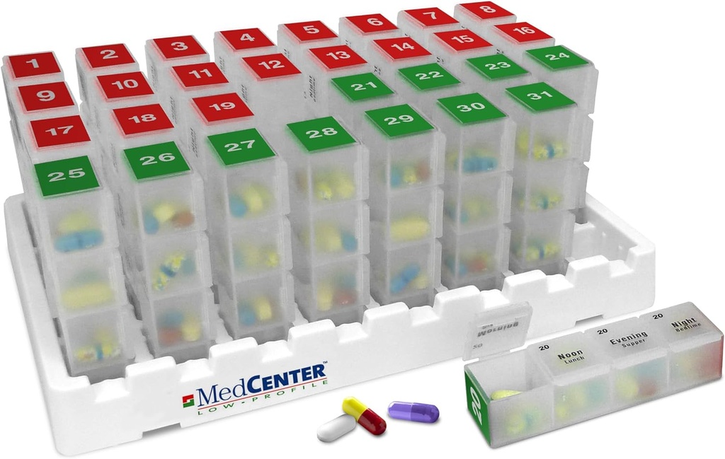 Organisateur mensuel de pilules MedCenter 4 fois par jour, 31 jours Organisateur de médicaments pour tiroir ou boîte de verrouillage avec 31 boîtes à pilules et 4 compartiments quotidiens Cadeau pour maman, papa, personnes âgées et aînés