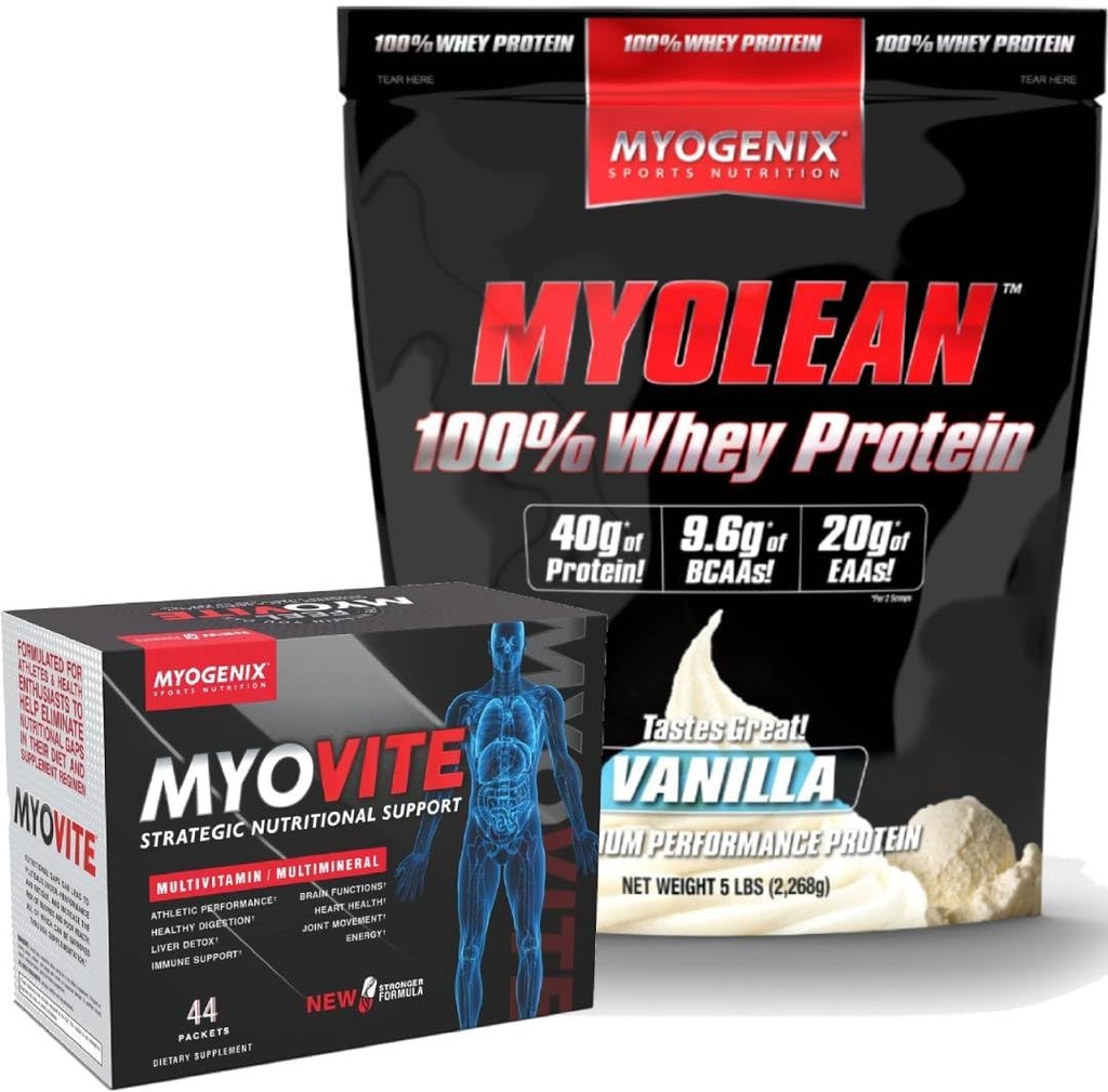 Myogenix Myovite Multivitamin & Myolean Vanilla Whey Protein Bundle – Nutrizione giornaliera completa con 40g di alto contenuto proteico Whey – Support Energy, Muscle Growth & Recovery