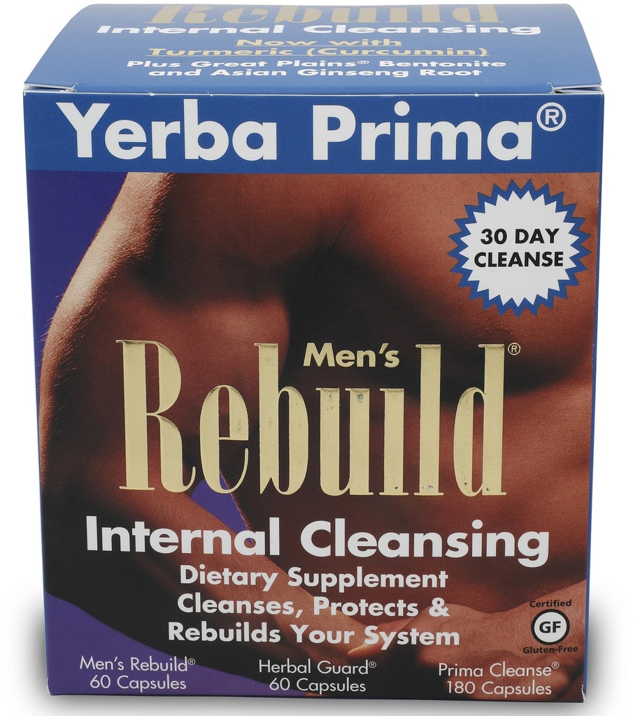 Yerba Prima Cleanse Men Rebuild Kit - 30 giorni di pulizia interna Integratori progettati per i maschi - Prostate & Colon Health - Rene & Liver - Natural Herbal Psyllium Fiber, Aloe Vera, Latte Thistle Seed