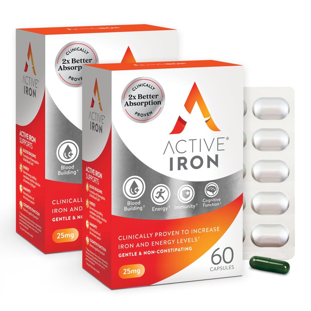 Aktive Eisen-Ergänzung 25mg – Klinisch bewiesen, die Eisen- und Energieniveaus zu erhöhen – Gentle, nicht-verbindend, hoch absorbiert – 120 Kapseln