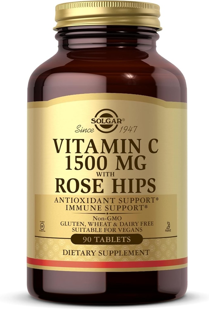 Solgar Vitamin C 1500 mg mit Rose HIPS, 90 Tabletten - Antioxidant & Immununterstützung - Gesamtgesundheit - Unterstützt gesunde Haut & Gelenke - Non-GMO, Vegan, Glutenfrei, Dairy Free, Kosher - 90 Servierungen