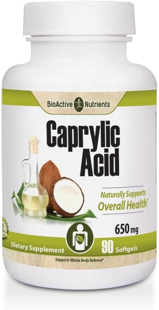 NUTRIENTS BIOACTIFS - Acid Caprylique - 600mg - 100 Softgels - Supplément pour la santé gustative et digestive, l'équilibre IG, le soutien gastro-intestinal et la santé intestinale, sans gluten