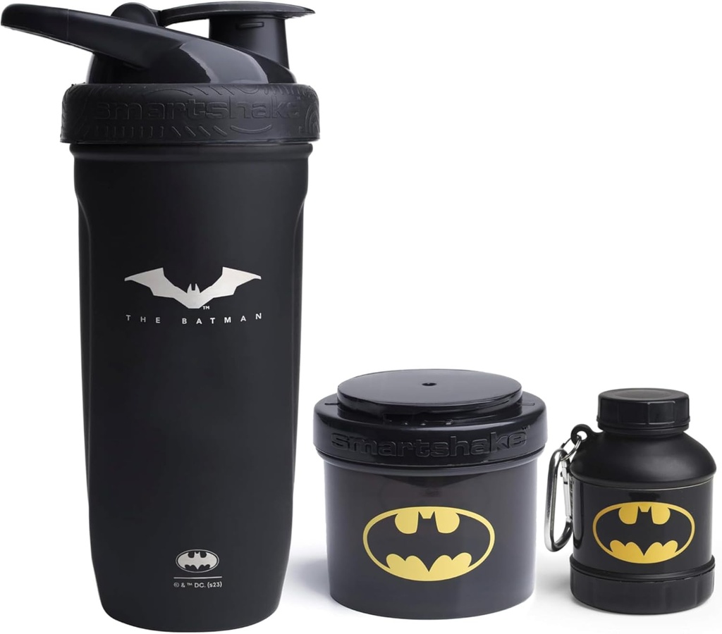 Smartshake DC Comics Bundle – Batman Edelstahlprotein Shaker 900ml mit Funnel 110ml und Speicherbehälter 200ml.
