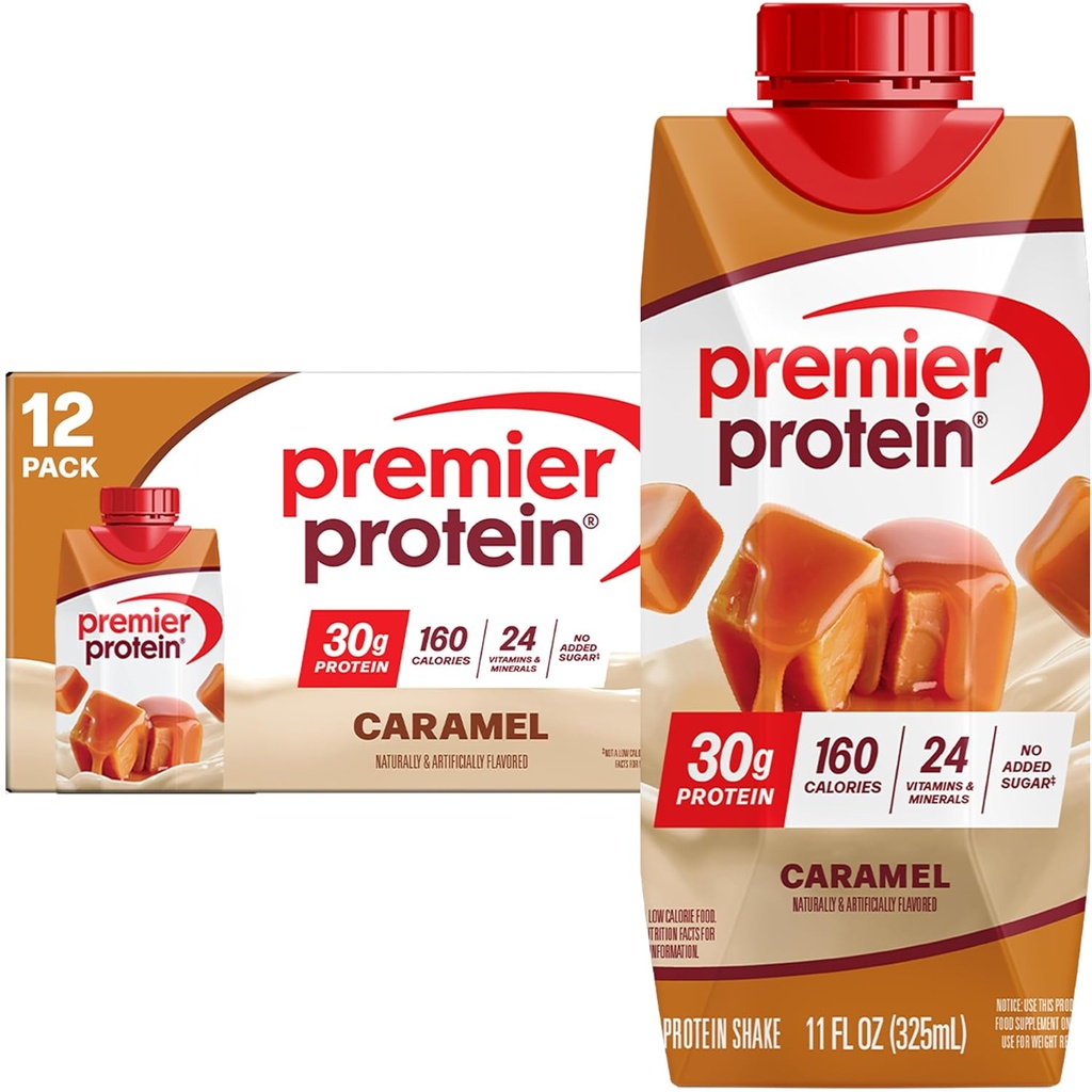 Premier Protein Shake, Caramel, 30g Protein, 11 fl oz, Confezione da 12 (Packaging May Vary)