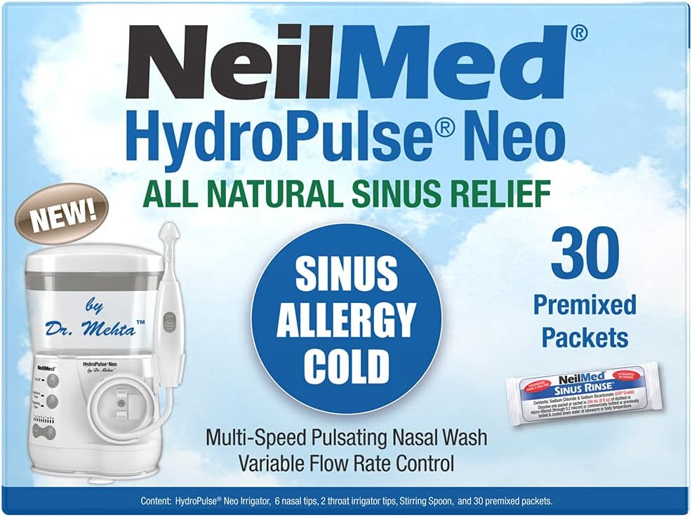 NeilMed HydroPulse Neo. Système d'irrigation au sinus nasal avec 30 paquets prémélangés à rinçage de sinus.