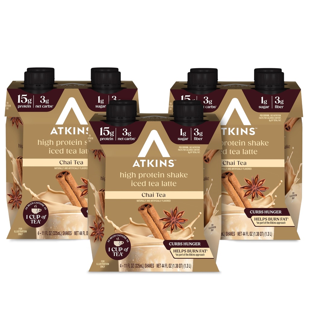 Atkins Chai Tea Latte Flavored Protein Shake, High Protein Shake, Low Glycemic, Low Carb, Low Sugar, Keto Friendly, Gluten Free, Ready to Drink Protein Shake, 12 count (3 sets of 4)