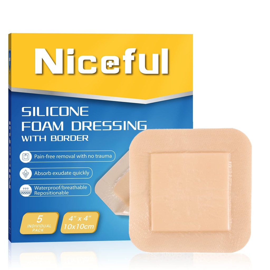 Dressing en mousse de silicone 4"x4", bandages en silicone imperméables à l'adhésif à la frontière, lit à forte absorption bandages de plaies Dressing de soins dus aux blessures (2.5"X2.5" Pad), 5 packs, FSA HSA Admissible