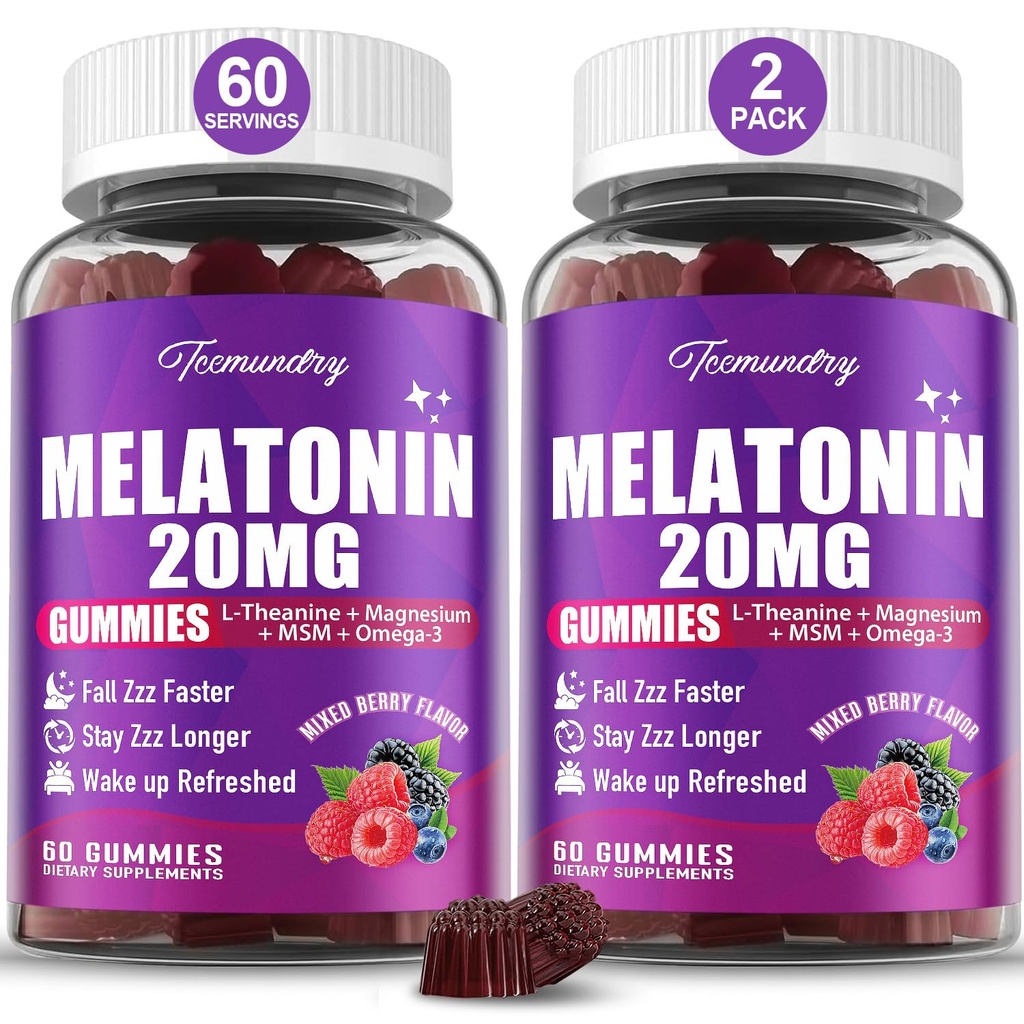 Melatonina Gummies 20mg per Adulti - Massima resistenza Melatonina Gummies con L-teanina, Magnesio, Omega-3, MSM, D3 & Zinc - Non-Habit Forming, Vegan, Non OGM, Natural Mixed Berry Flavor