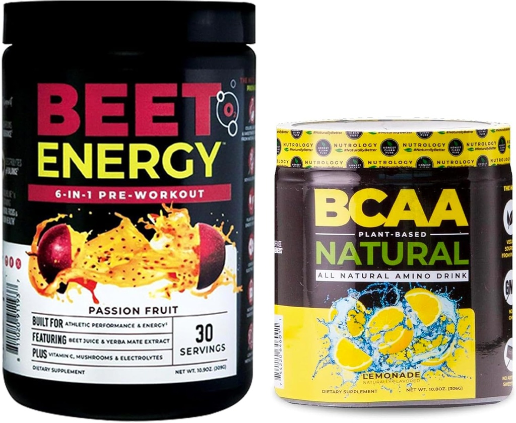 Nutrologie Beet Natural O2, Poudre de pré-entraînement, Saveur de fruits de passion (30 portions) BCAA Poudre de BCAA naturelle à base végétale, Saveur de citron (30 portions)