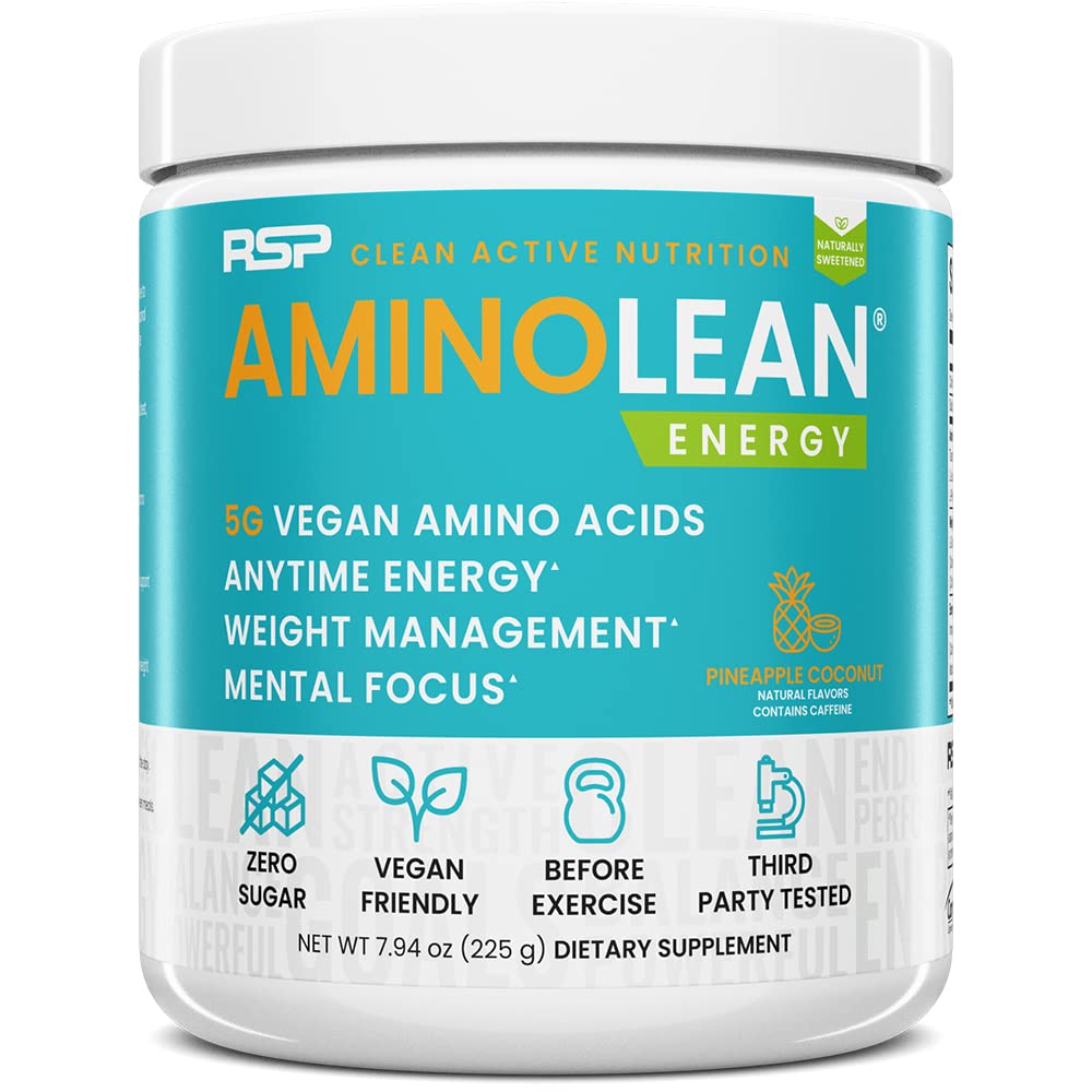 RSP Vegan AminoLean – All-in-One Natural Pre Workout, Amino Energy, Gestione del peso con BCAA, Polvere Vegan Preworkout completa, Cocco di ananas