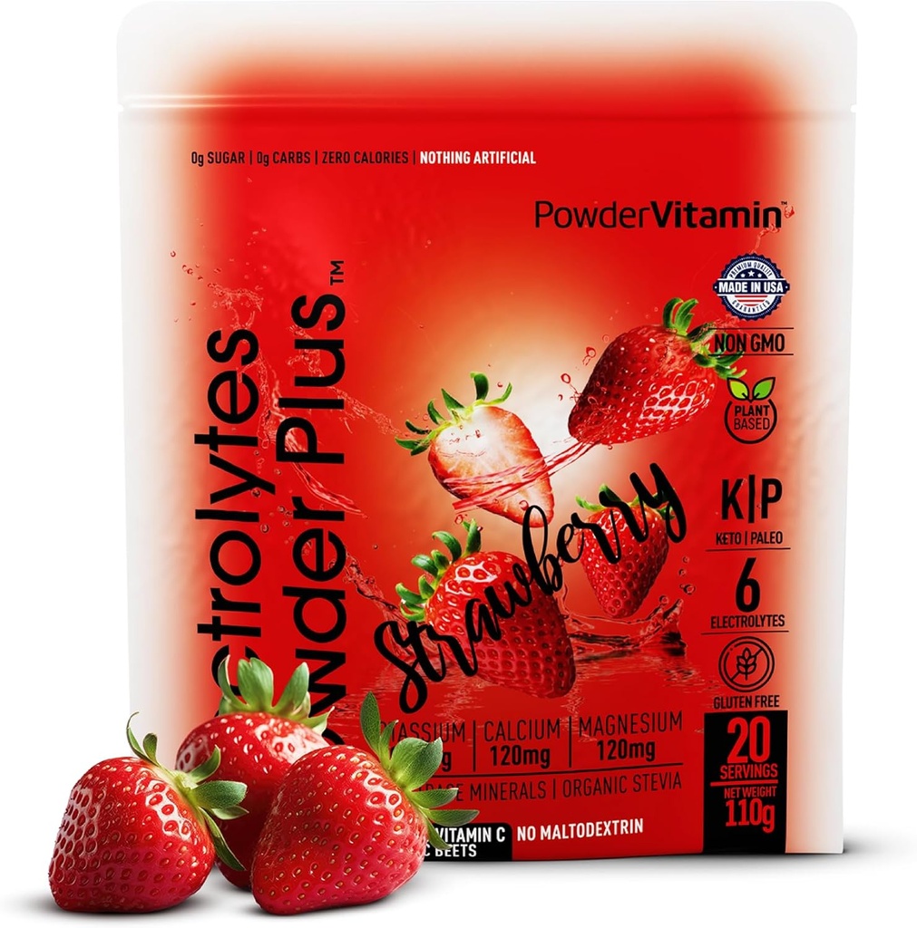 PulverVitamin Elektrolyte Pulver Plus (20 Servierungen) Erdbeer-Elektrolyt-Pulver, kein Maltodextrin, Keto,Sugarfrei, Zink Himalaya Salz, 1000mg Kalium, 120mg Calcium, 120mg Magnesium,Hydration Pulver