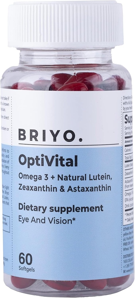Briyo Optivital Eye Health Supplement mit Lutein, Zeaxanthin, Astaxanthin und Omega 3 – Unterstützt visuelle Klarheit, Screen Fatigue Relief und lange Term Retinal Health – Ein Tag, 60 Softgels