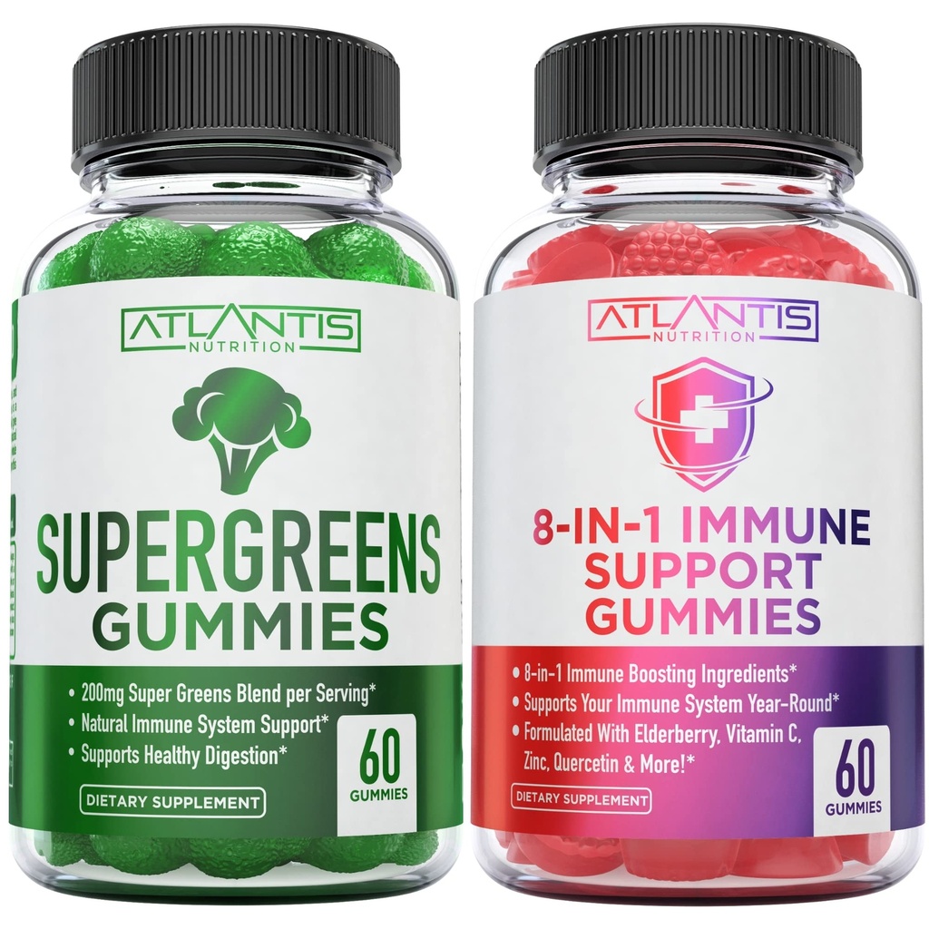 Atlantis Nutrition 60 Supergreens Gummies + 8-in-1 Supporto immunitario 60 Gummies