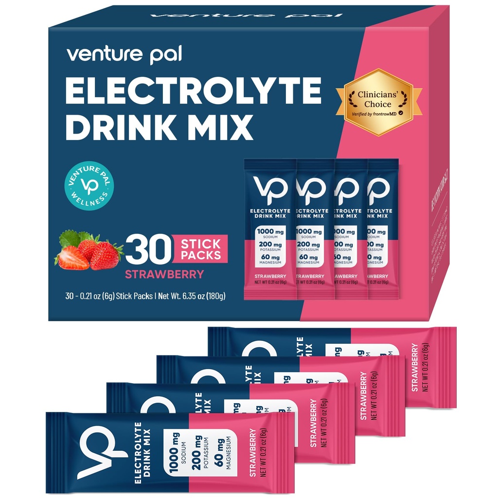Venture Pal High Sodium Sugar Free Electrolytes Powder Packet - Hydration Packets mit Vitamin, Natrium & Kalium | Zero Calories | Vegan, Keto & Paleo Friendly Electrolyte Drink Mix - 30 Sticks