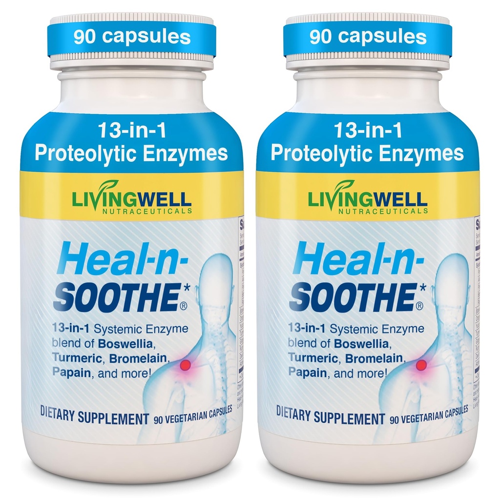 Integratori di supporto congiunti HEAL-N-SOOTHE - Enzimi proteolitici come Bromelain & Papain, con Boswellia, Turmeric & Ginger- Promuove la funzione digestiva delle proteine & Body Defense Wellness- 90 Count (2 Pack)