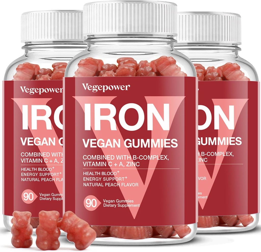 Suppléments Gommies de Fer pour les femmes et les enfants - Multivitamines avec Fer pour l'oxygène du sang, Vitamines Gommy Grande Dégustation avec Vitamine C pour Absorption Max - Vegan Chewable, Saveur de Pêche(3 Packs)