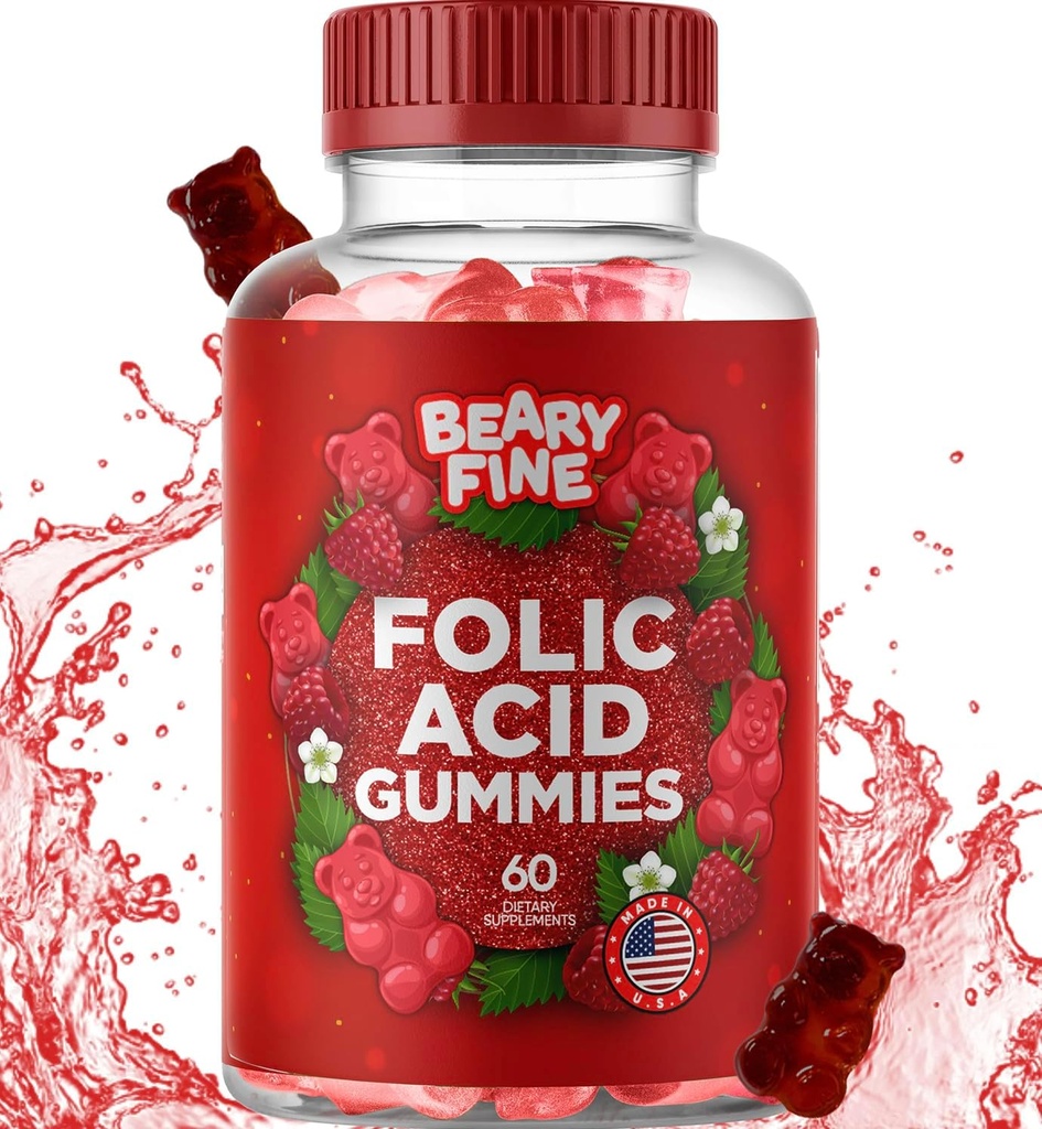 Folic Acid Gummies 400mcg - Essential Prenatal & Pregnancy Gummy für Damen, Mütter & Baby zu sein - 60 Raspberry Flavored Folate Gummy Vitamins - Made in USA