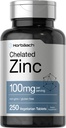 Horbäach supplément de zinc chélaté 100mg , 250 comprimés , haute puissance et absorption supérieure , Végétarien, non-OGM, sans gluten