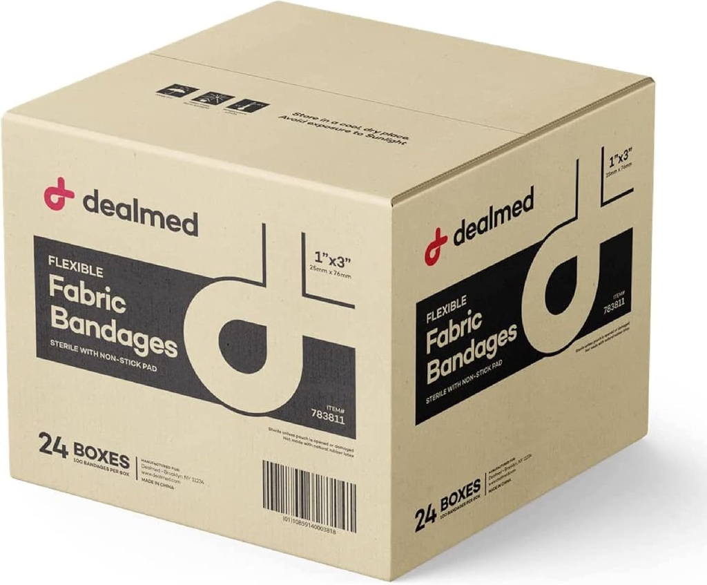 Dealmed Sterile Flexible Fabric Adhesive Bandages – 1x3 Inch – 100/Box - 24 Boxes - Breathable First Aid Strip Pack - Soft Stretch Wound Patch for Medical, Emergency Kits & Clinic