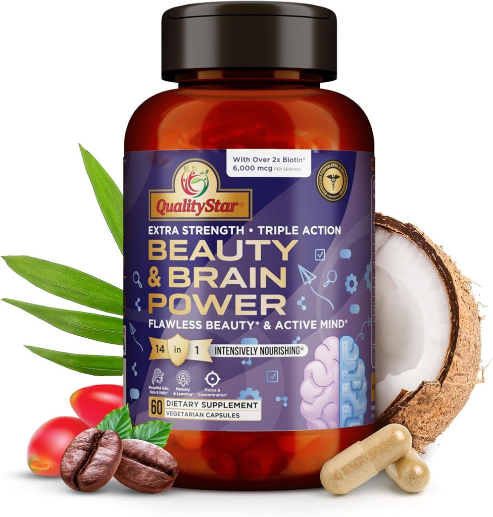 Beauty & Brain Power, Extrastärke + Triple Action Brain Supplement, Haut Vitamine für Flawless Beauty, Beauty & Brain Health Supplements für Erwachsene, 60 vegetarische Kapseln