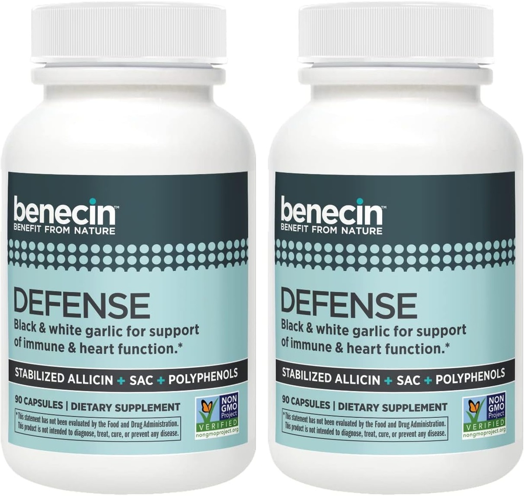 Benecin Defense 1500 mcg Allicine stabilisée par capsule , plus de quantités élevées de SAC et de polyphénols de l'ail noir , Support puissant de la fonction immunitaire et cardiaque Caps végétariens (1 comte (paquet de 180))