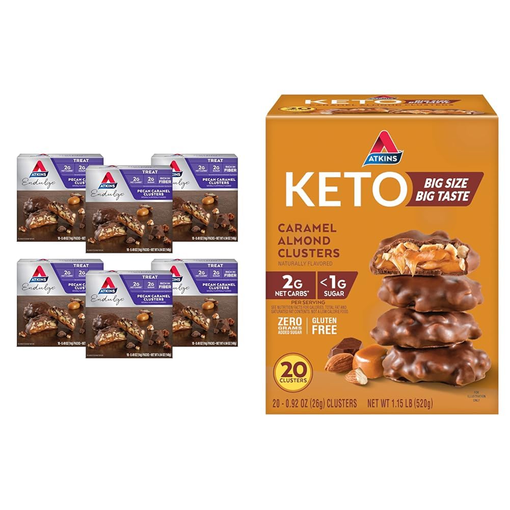 Atkins Pecan Caramel & Caramel Almond Clusters, 60 & 20 Conte, Alta fibra, Basso zucchero, Carburo basso