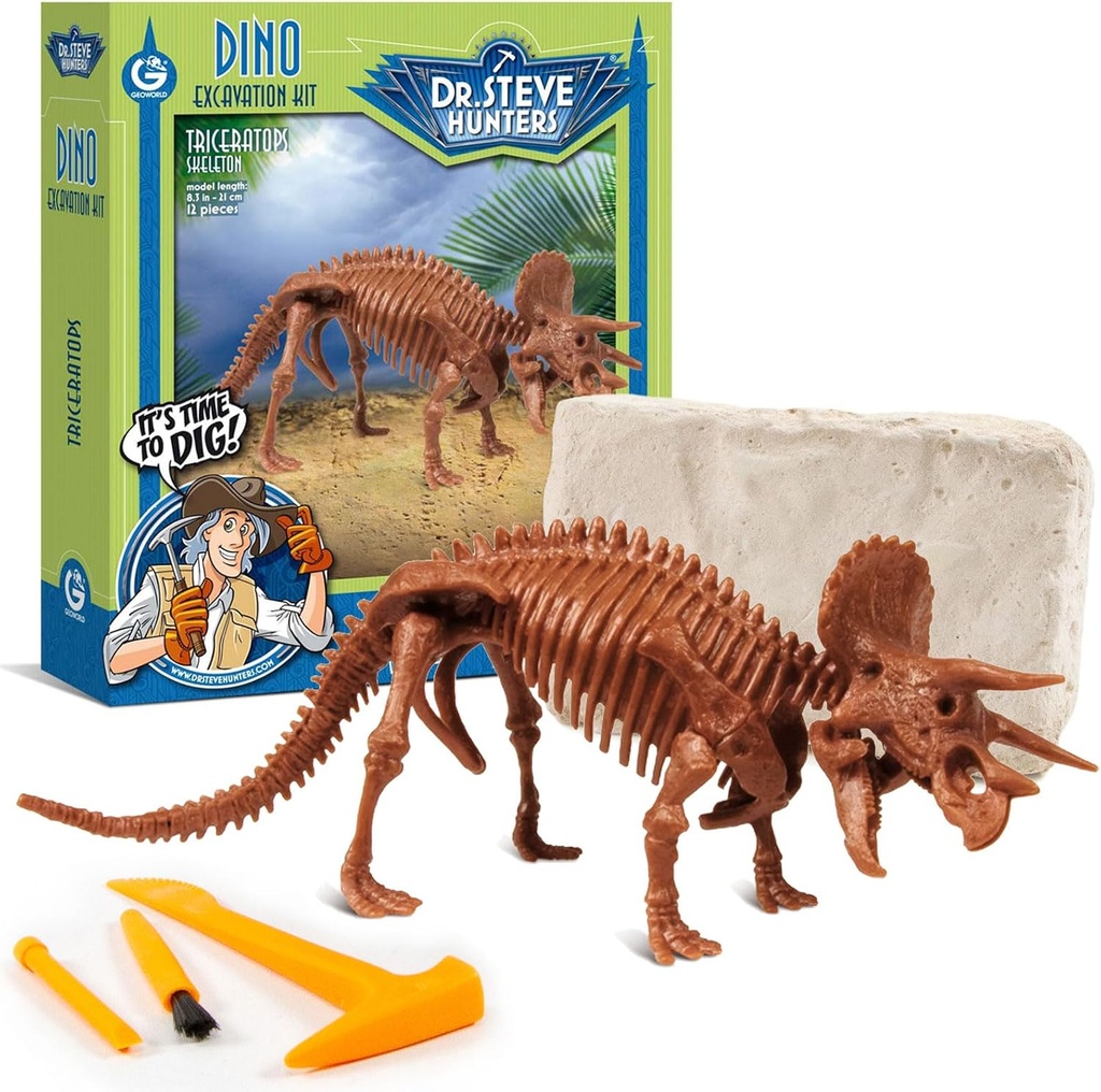 Geoworld Triceratops Dino Dig Kit – Assemble an 8-Inch Authentic Dinosaur Skeleton Model – Ultimate STEM Learning Experience for Kids Ages 6+